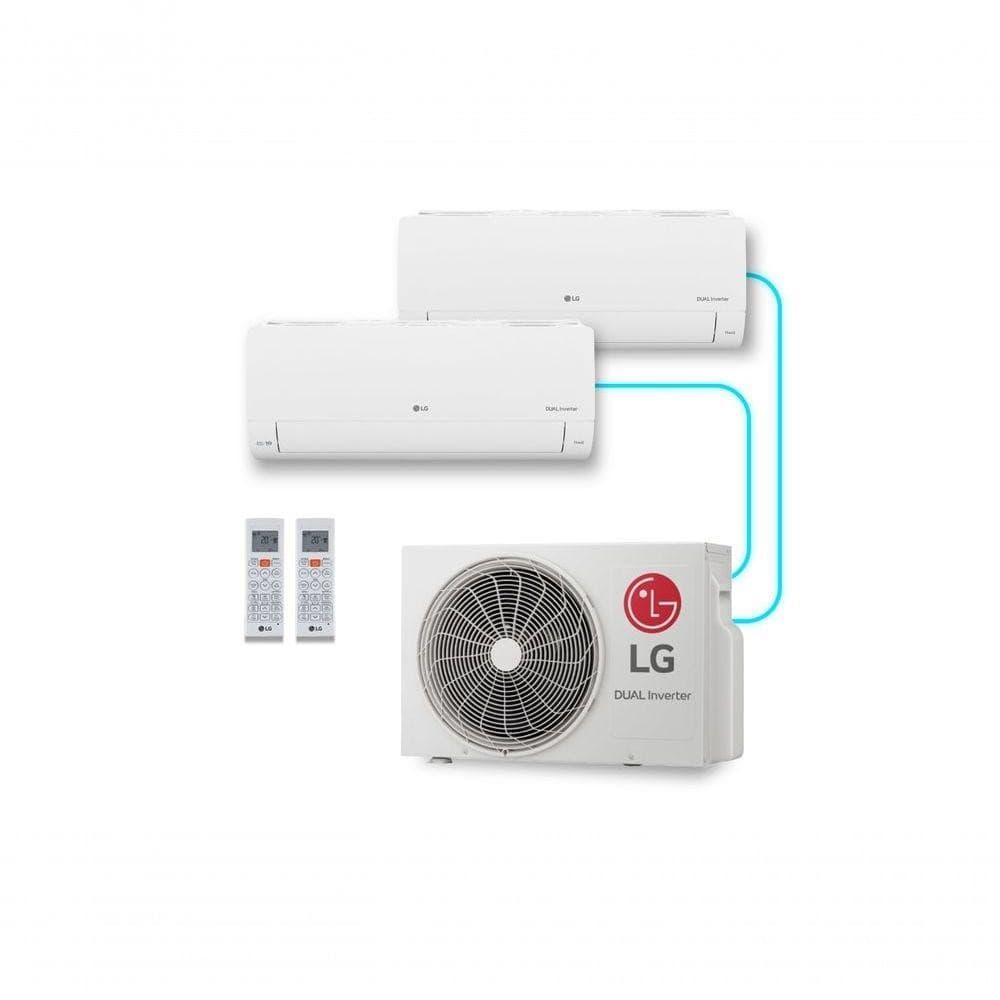 Ar Condicionado LG Dual Inverter Voice + AI Bi-Split Frio 220V com dois evaporadores e controles remotos.