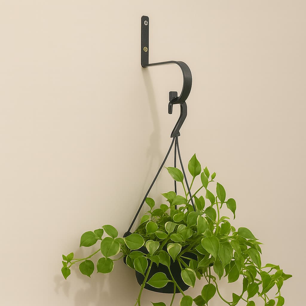 Gancho preto para vaso suspenso com planta verde na parede