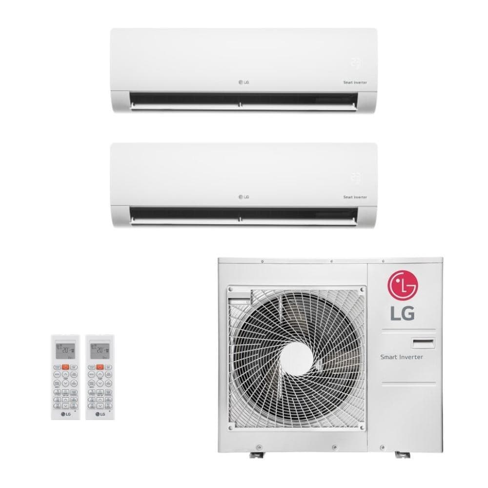 Ar-Condicionado Multi Split Inverter LG 30.000 BTU com duas unidades evaporatórias de 24.000 BTU cada, controles remotos e unidade condensadora com tecnologia Smart Inverter.