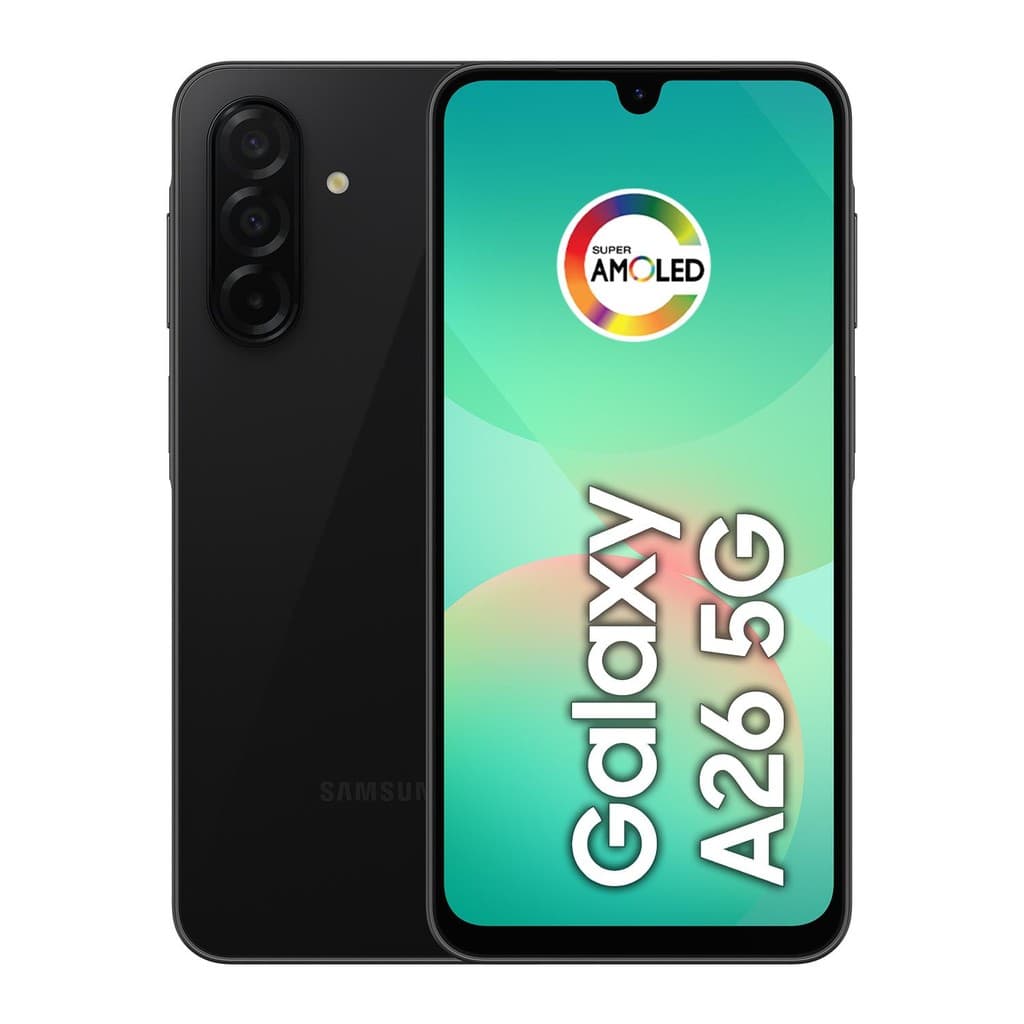 Smartphone Samsung Galaxy A26 5G com tela AMOLED e câmera tripla na parte traseira, fundo branco
