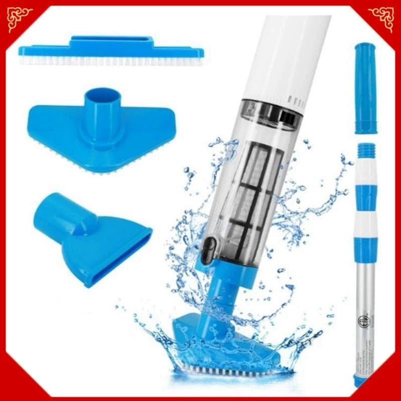 Aspirador de piscina sem fio US PLUG com acessórios, azul e branco, contra fundo branco