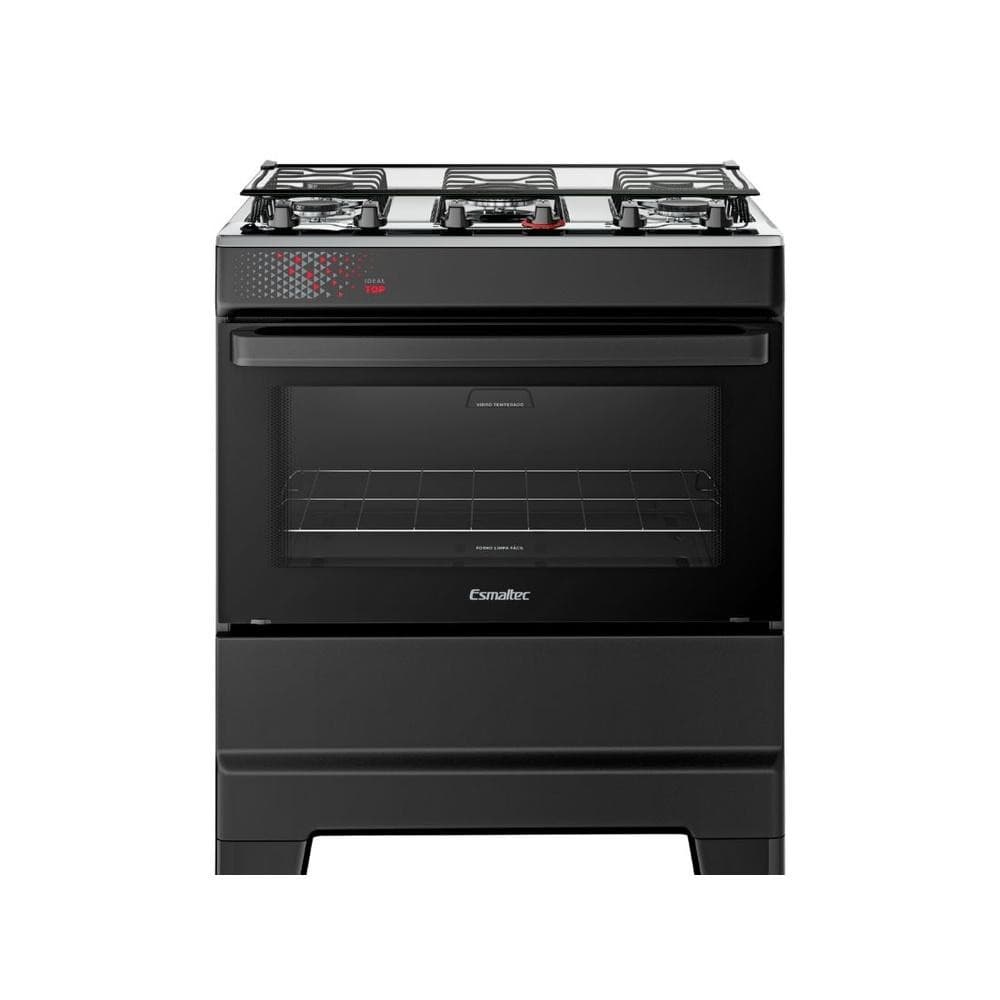 Fogão Esmaltec 5 Bocas Ideal Top Mesa Inox com tampa de vidro. Forno com 84 litros. Preto.