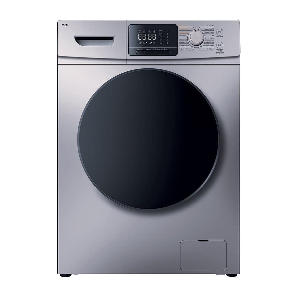 Lavadora e secadora TCL 11 kg, modelo C311WDS, em fundo branco, com painel digital mostrando 88 minutos restantes