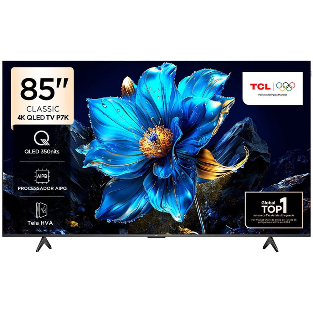 Smart TV TCL 85 polegadas 4K QLED com flor azul na tela