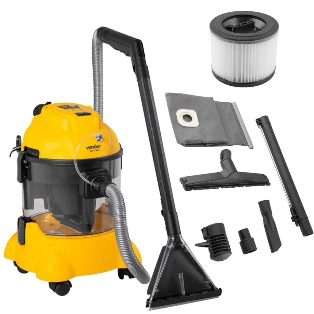 Aspirador de pó profissional 1300W, amarelo e preto, com filtro e acessórios