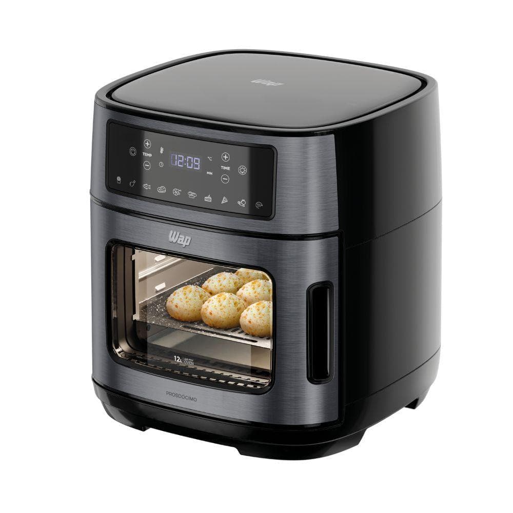 Fritadeira elétrica WAP AirFry OVEN DIGITAL BLACK WAOD2 12L, cor preta, com alimentos prontos, porta aberta, fundo branco.