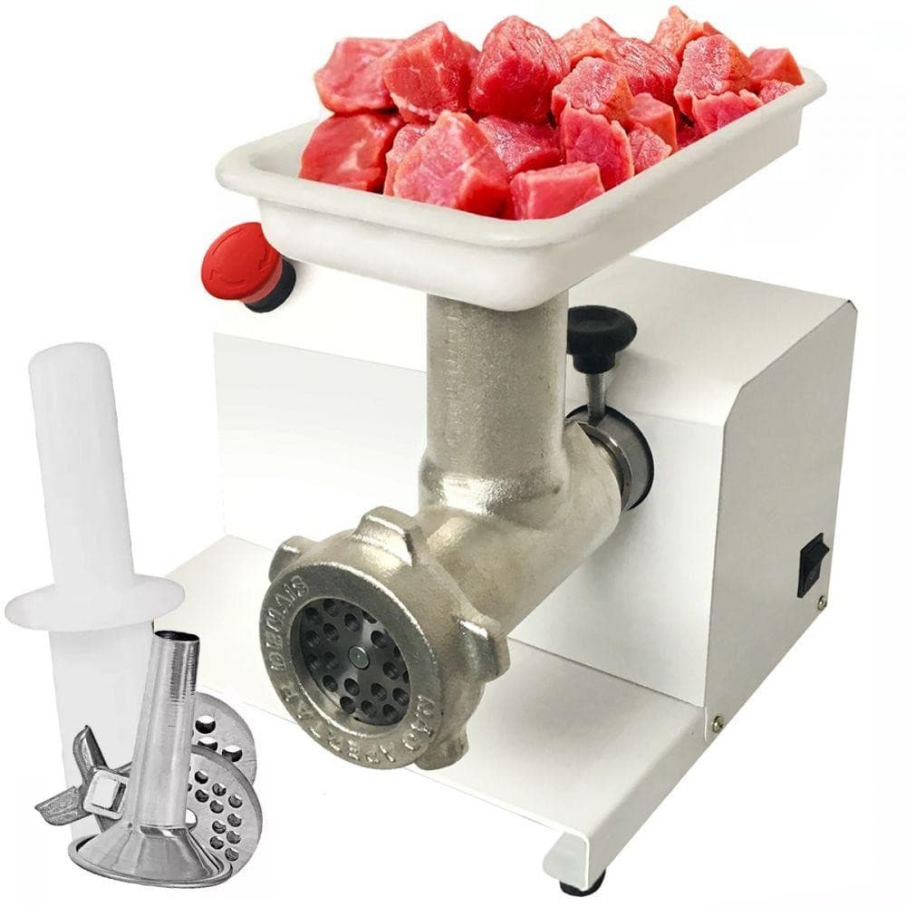 Moedor elétrico de carne Saro Bivolt com botão de emergência MEC em aço inoxidável e plástico branco
