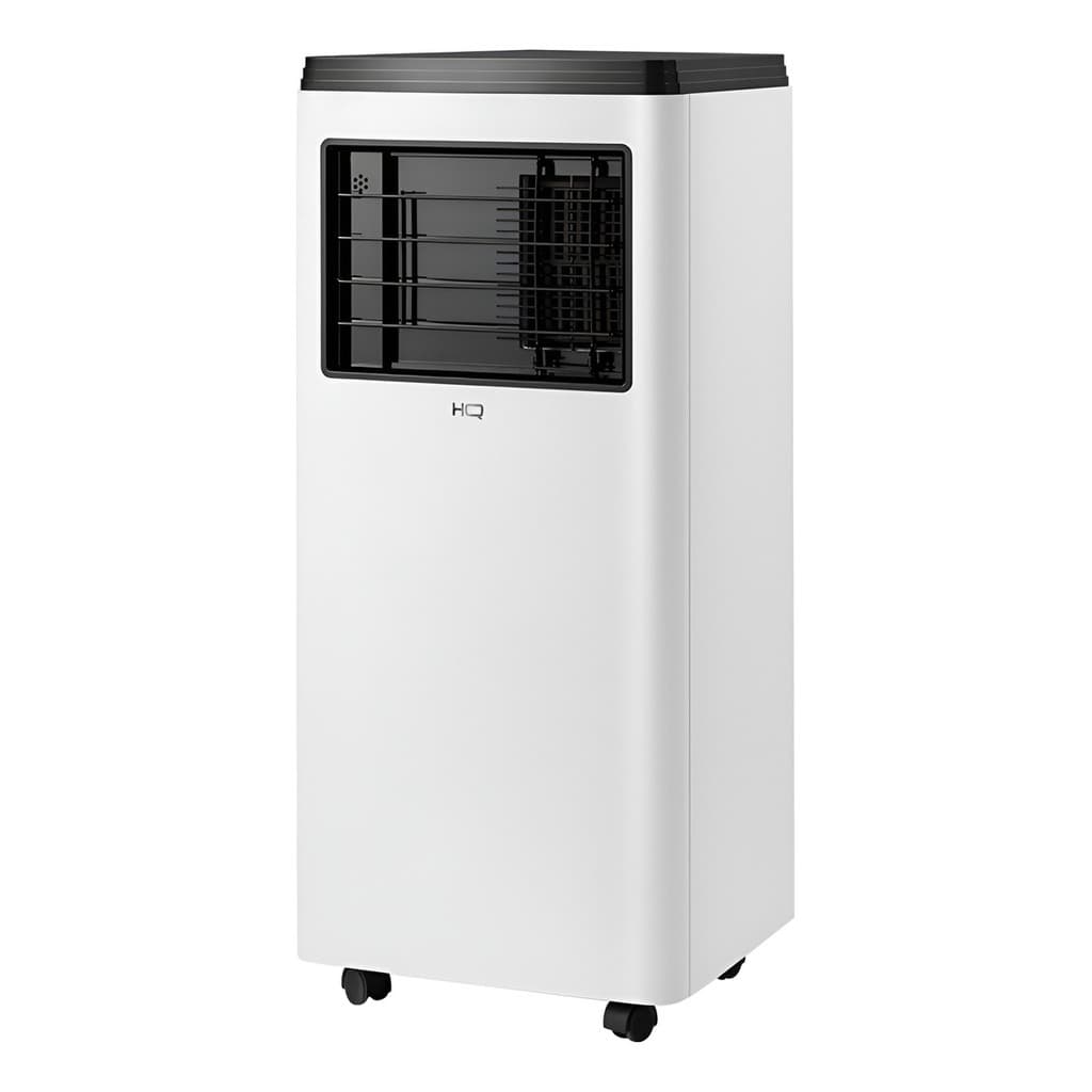 Ar condicionado portátil branco com grade preta e texto HQ, em fundo branco