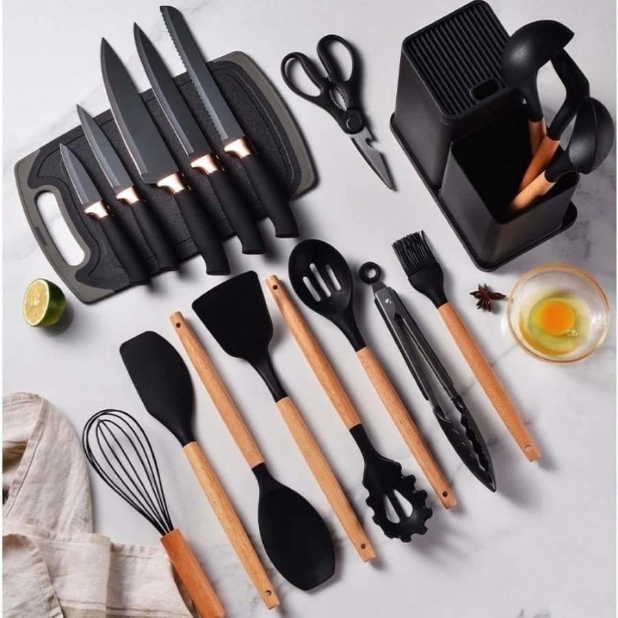Kit 19 conjunto de utensílios Silicone Cozinha Colher escumadeira concha escumadeiras pote
