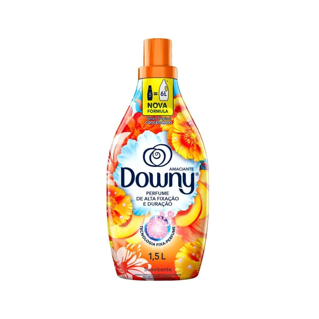 Frasco de amaciante Downy 1,5L verão tropical, aroma de frutas e flores, nova fórmula