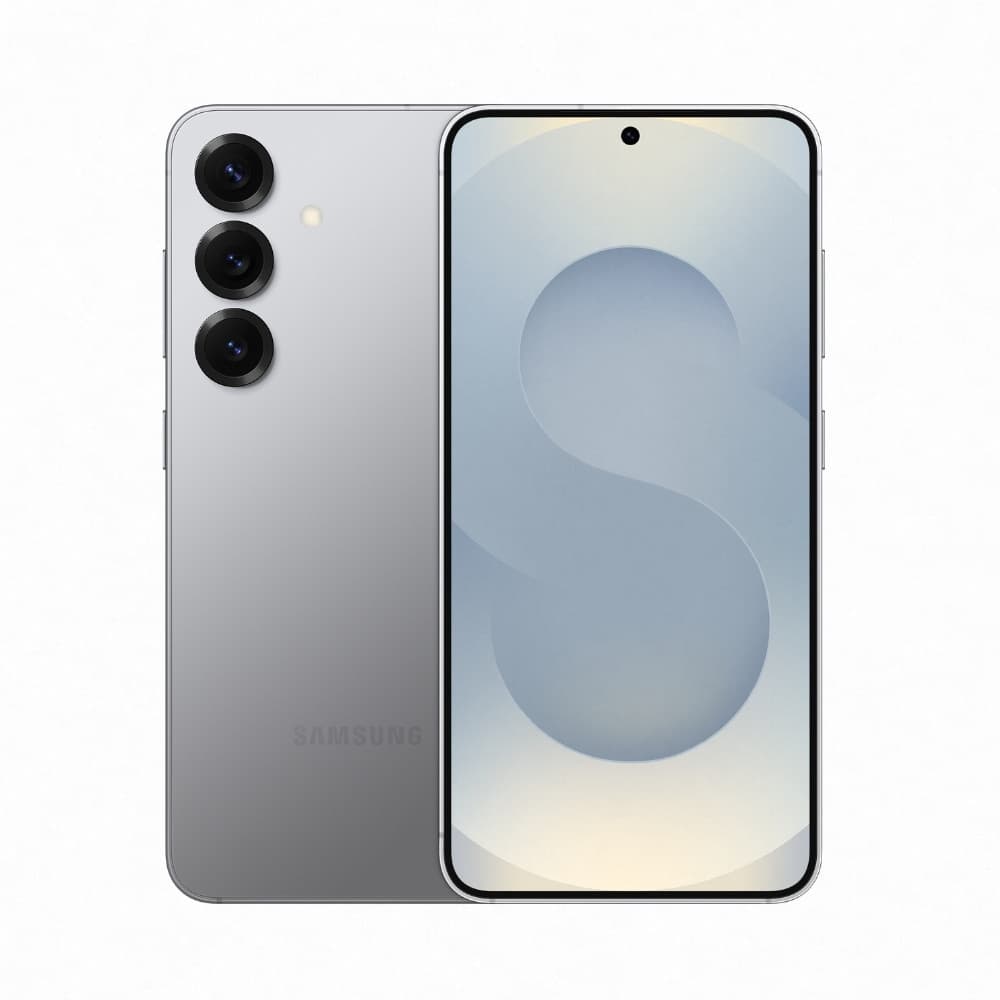 Smartphone Samsung Galaxy S25 cinza prateado com tela de 6,2 polegadas e câmera quádrupla