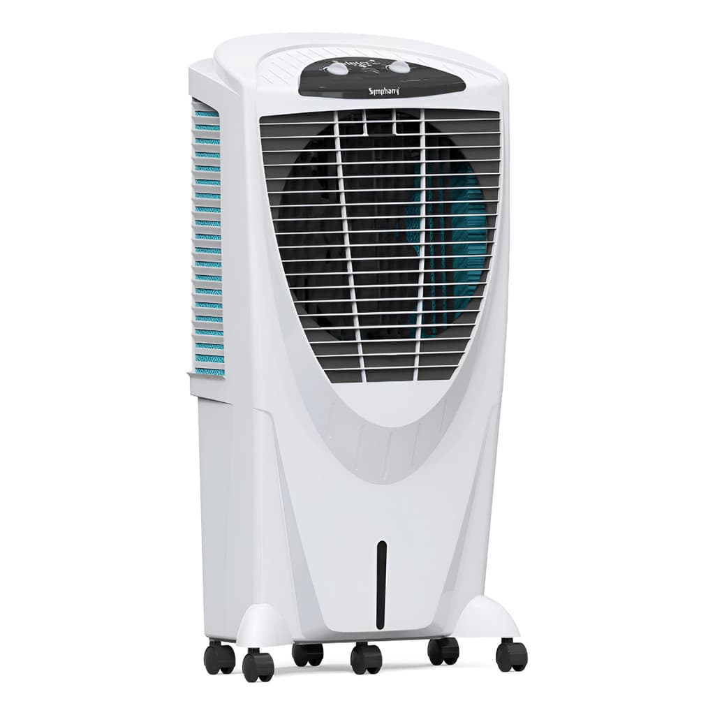 Climatizador portátil Symphony 80L 127V Winter XL, branco, em fundo branco, painel preto e azul, grelhas de ventilação e rodas.