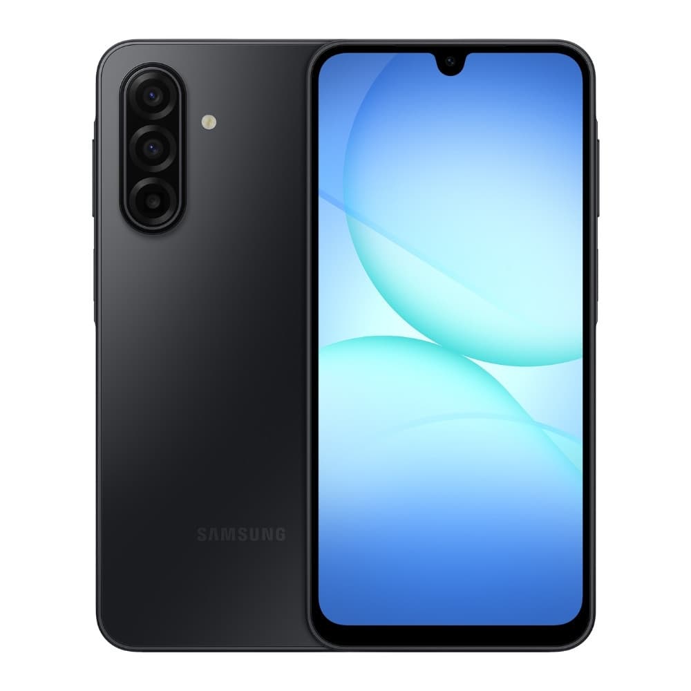 Smartphone Samsung Galaxy A17 cor preta com tela frontal e traseira em fundo branco