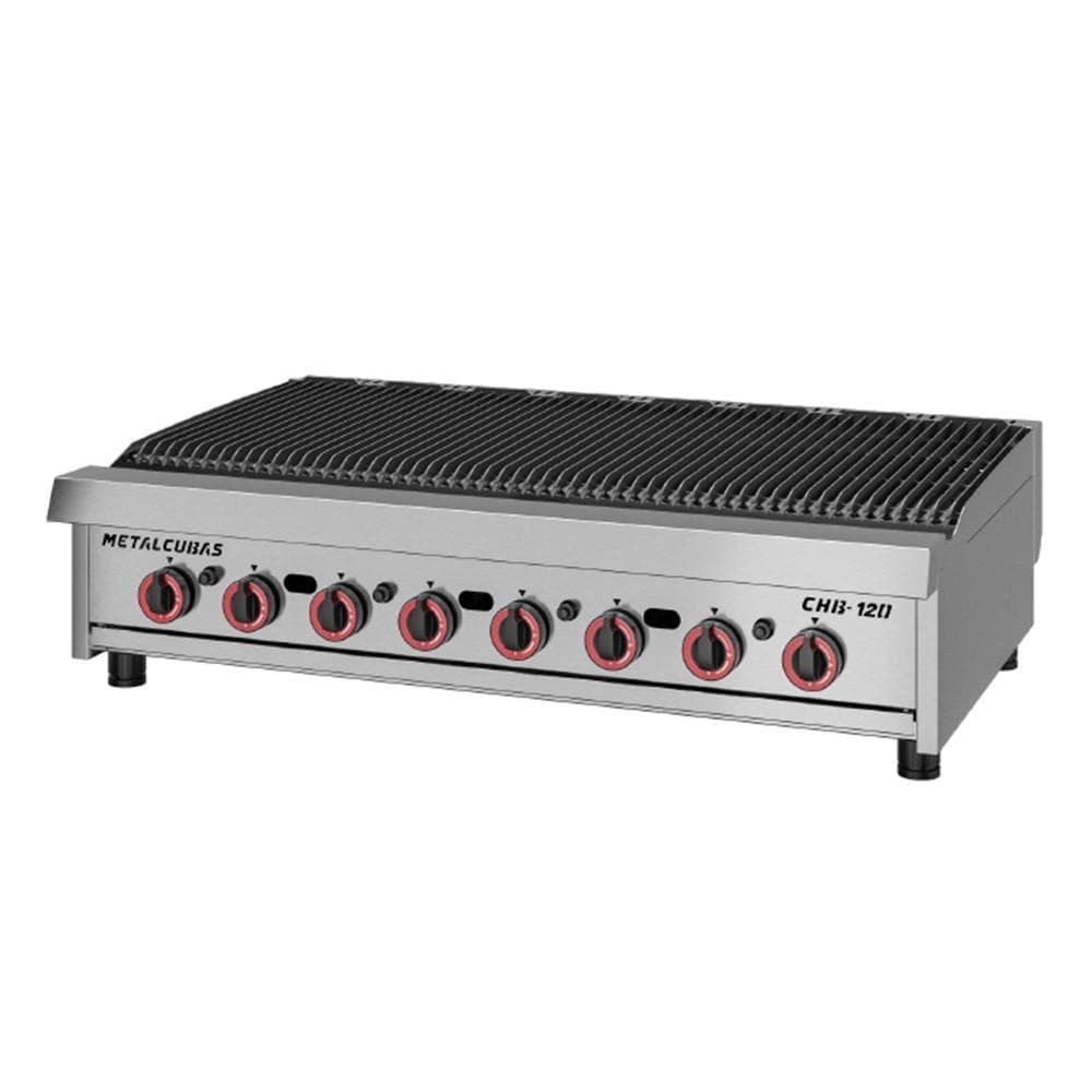 Chapa grill profissional 120cm aço inoxidável com grelha preta e controles vermelhos