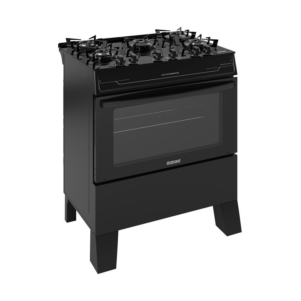 Fogão Itatiaia Electra Glass Plus 5 bocas preto com mesa de vidro e acendimento automático