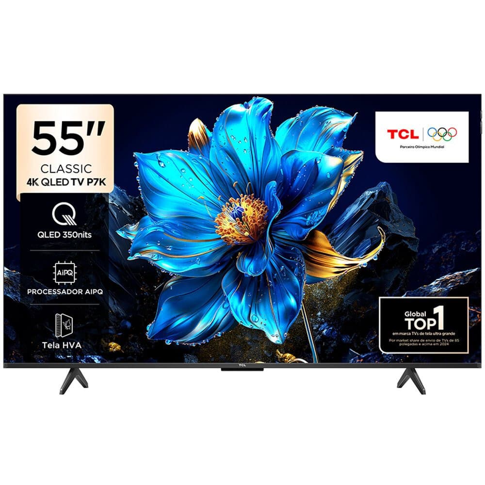 Smart TV TCL 55 polegadas 4K QLED com flor azul na tela