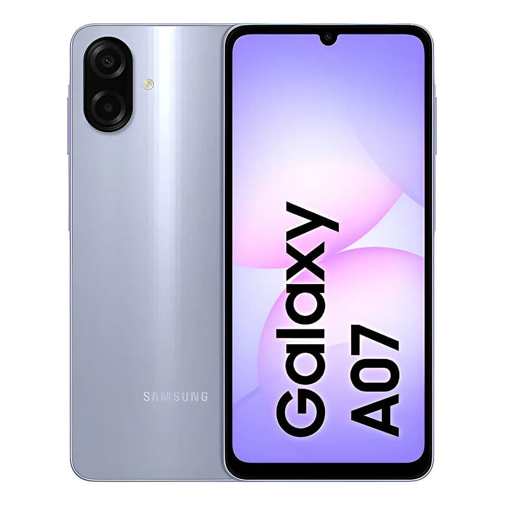 Celular Samsung Galaxy A07 violeta, câmera dupla, tela com texto Galaxy A07