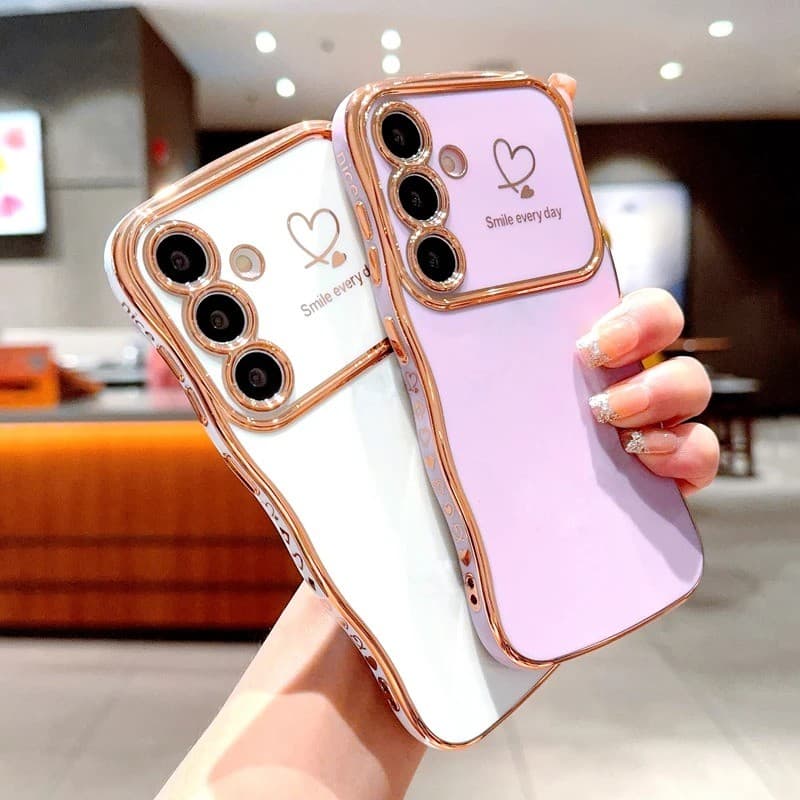 Capa de telefone rosa e branco com bordas douradas para Samsung Galaxy