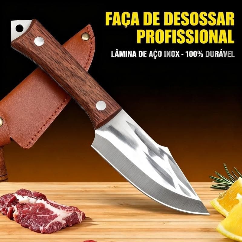 Faca Cutelo e Camping Artesanal, Aço Inox Afiado com Bainha de Couro Legítimo, Ideal para Desossar Carne e Aventura