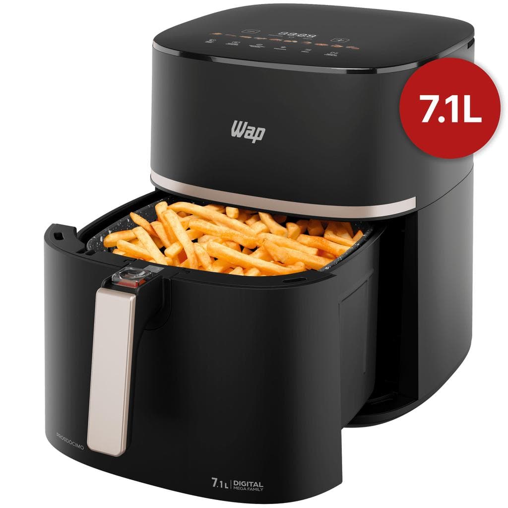 Fritadeira Elétrica WAP Air Fryer Mega Family Digital 7,1L com batatas fritas sendo fritas