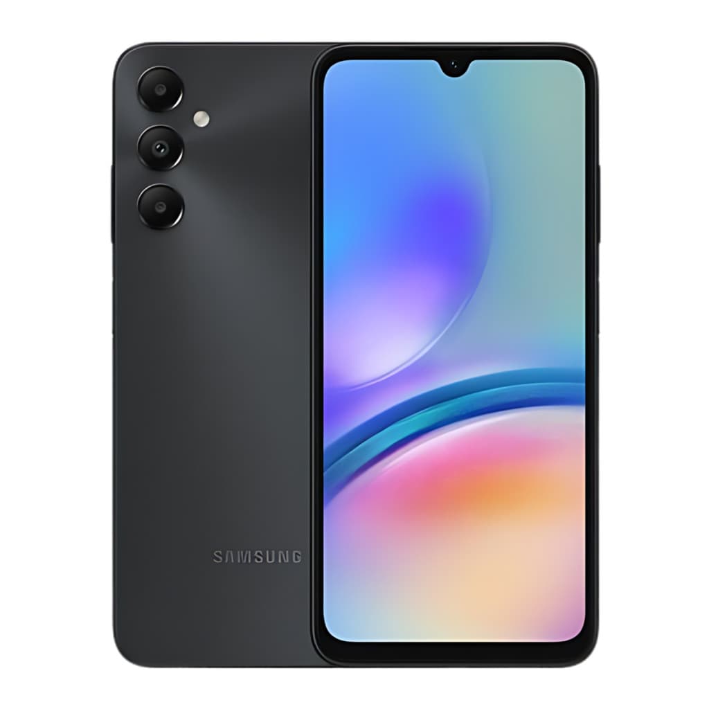 Celular Samsung Galaxy A05s 128GB 6GB 90Hz 5000mAh Preto, frente, fundo branco, câmera traseira tripla, logotipo Samsung
