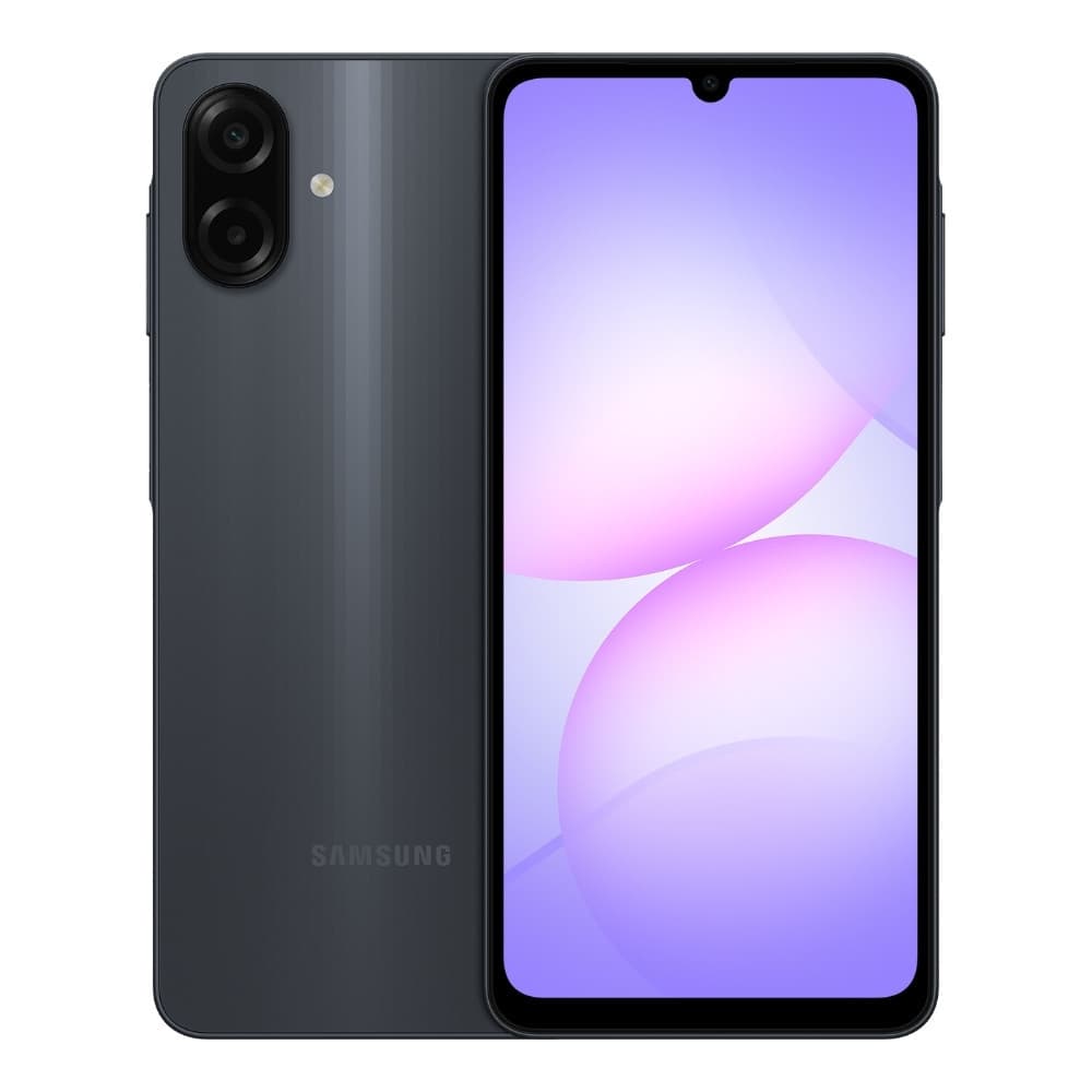 Imagem frontal e lateral do smartphone Samsung Galaxy A07 com câmera dupla e display AMOLED, em fundo branco.