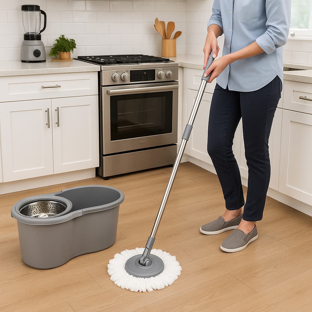 Mop giratório com balde inoxidável para limpeza de piso, usado em uma cozinha moderna.