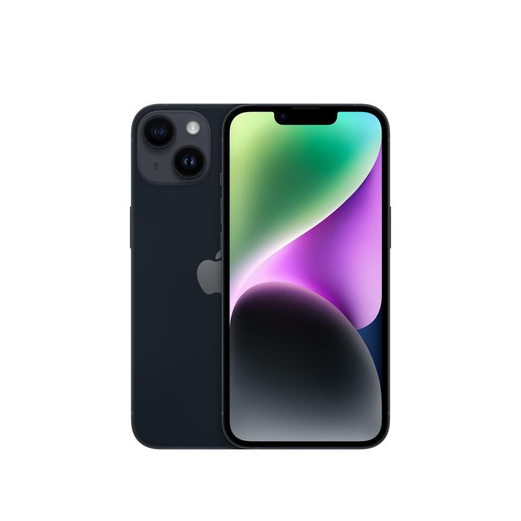 iPhone 14 256GB Meia-noite em fundo branco, mostrando design elegante e acabamento fosco.