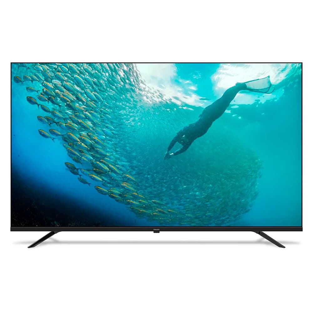Smart TV Philips 55 polegadas 4K UHD mostrando cardume de peixes