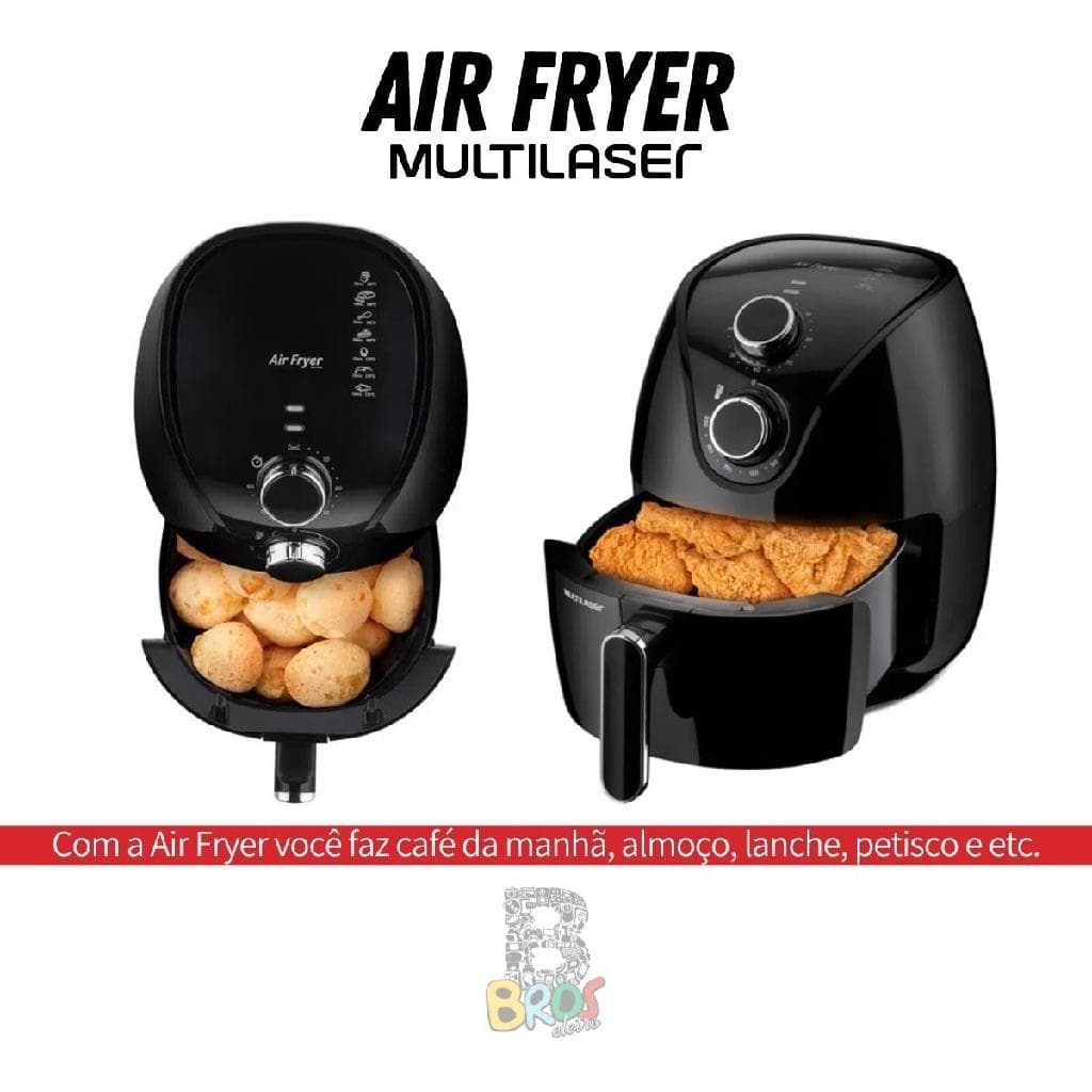 Fritadeira Air Fryer Multilaser preta, 127V 1500W, até 200 graus, com alimentos fritos