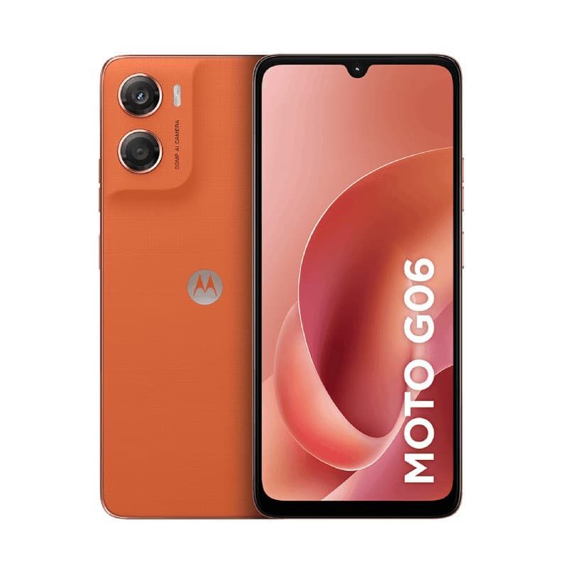 Smartphone Motorola Moto G06 128GB em laranja, câmera dupla, fundo branco
