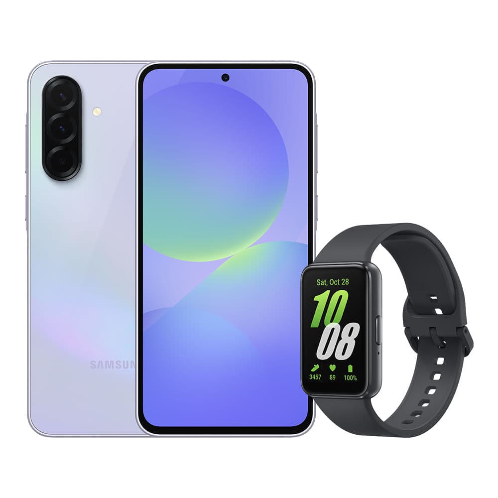 Imagem do smartphone Samsung A36 5G em violeta e do smartwatch Galaxy Fit3 em grafite