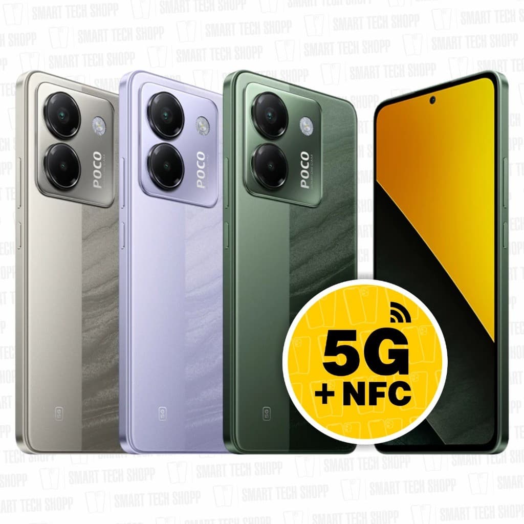 POCO M7 Pro 5G em quatro cores: prata, lilás, verde e preto com gradiente amarelo