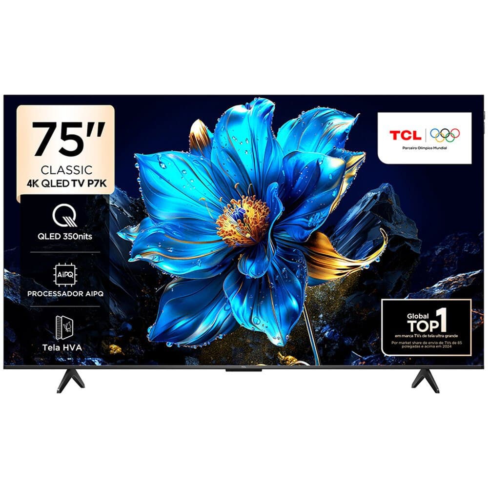 Smart TV TCL 75 polegadas 4K UHD QLED com flor azul no display