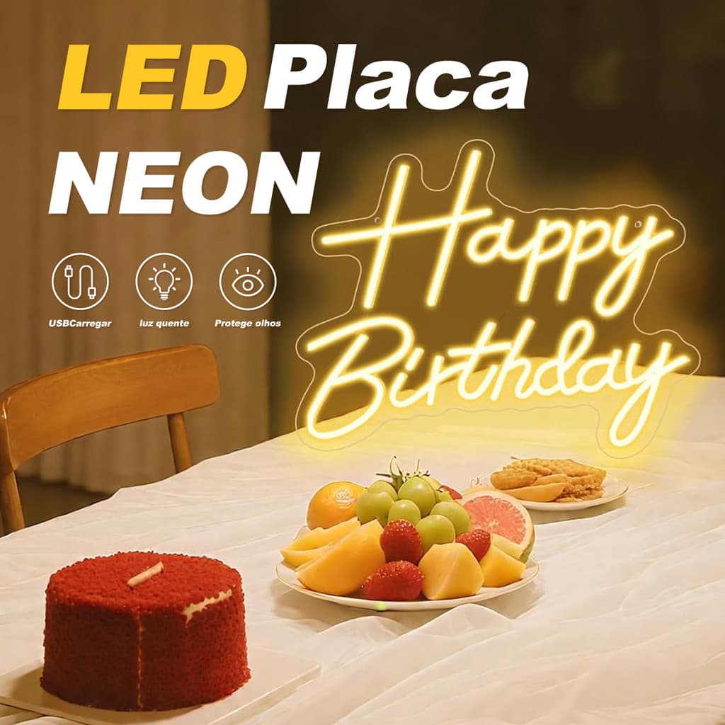 Painel de LED Neon Acrílico 'Happy Birthday' para decoração de aniversário