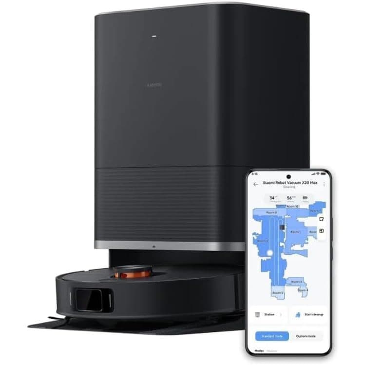 Robô Aspirador Xiaomi X20 Max com smartphone exibindo app de controle
