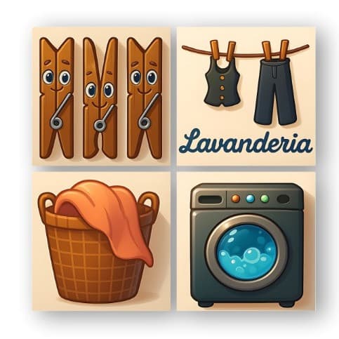 Quadros decorativos para lavanderia com elementos de roupas e máquina de lavar