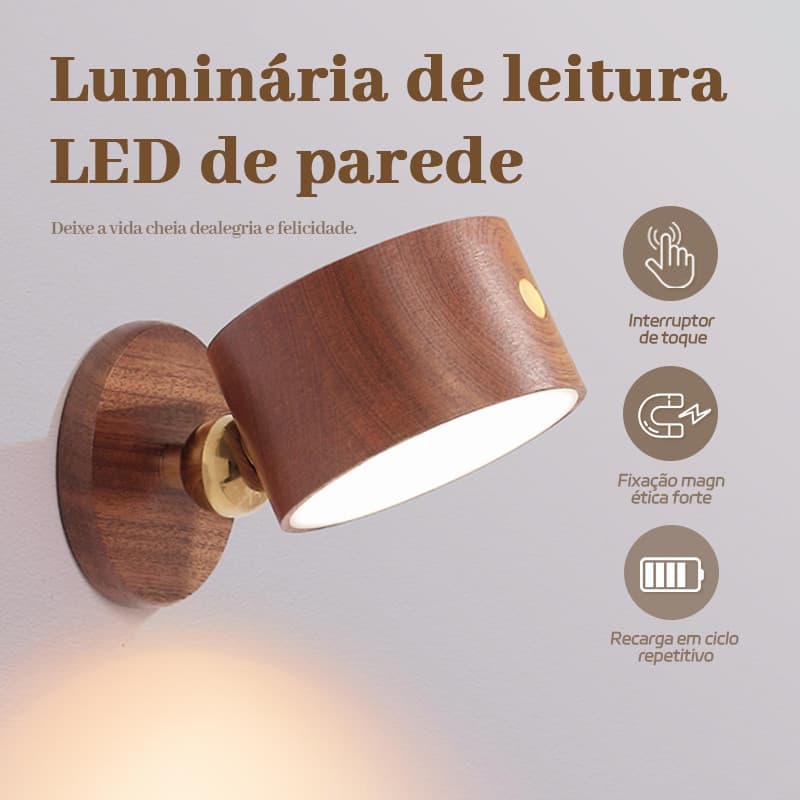Luminária de leitura LED recarregável de parede com estrutura de madeira e acabamento dourado.