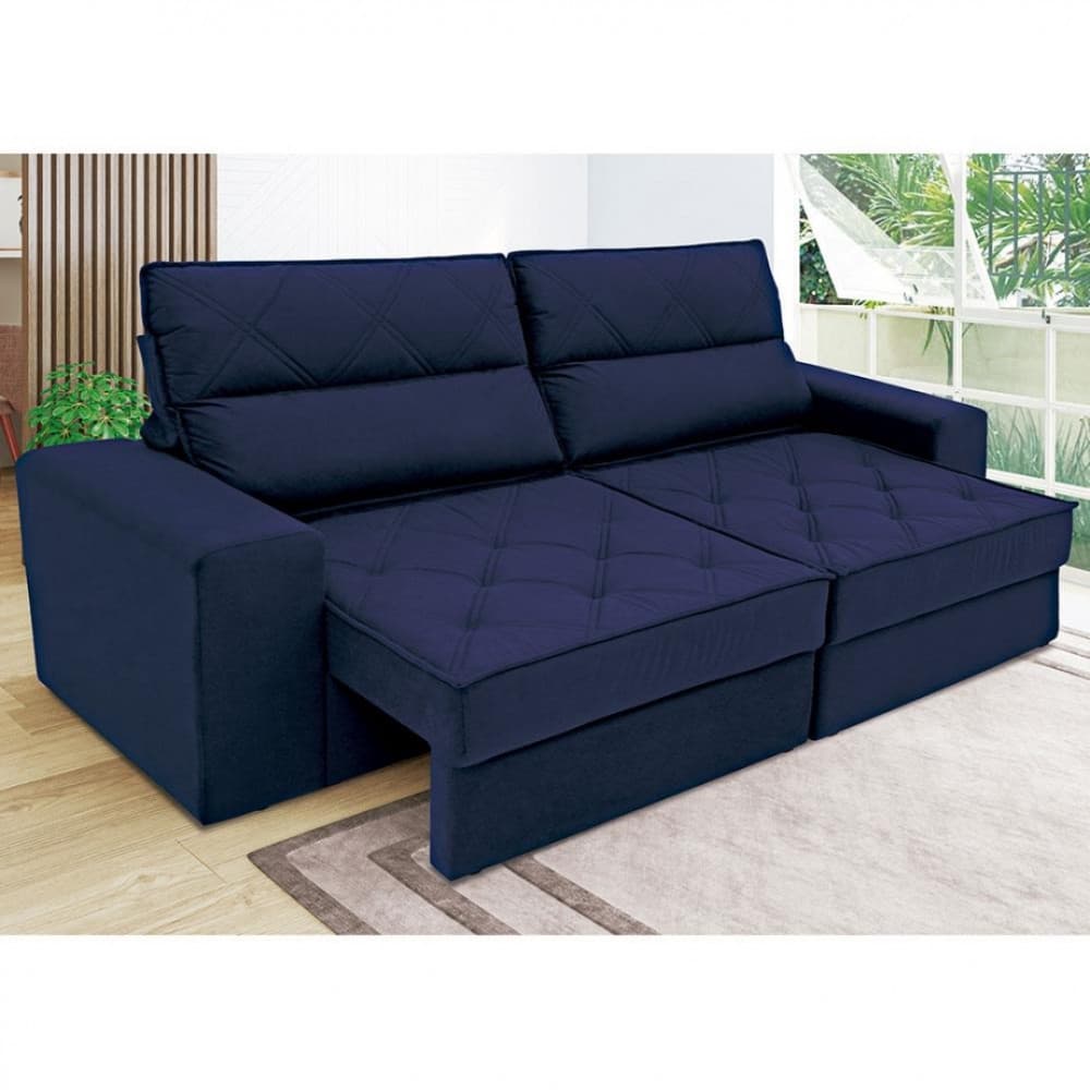 Sofá 4 lugares retrátil e reclinável em suede azul marinho