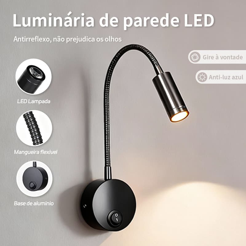 Arandela de leitura LED rotativa 360°, luz branca quente 3000K, cor preta, cabeceira de cama, direção do foco ajustável