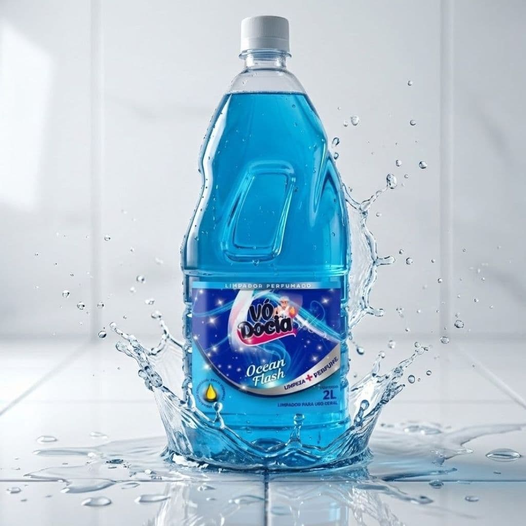 Produto de limpeza Ocean Flash 2 litros, líquido azul, respingos em fundo branco