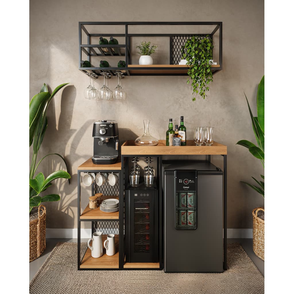 Aparador bar industrial preto e dourado com geladeira Gama