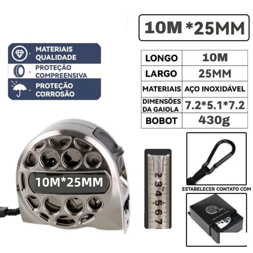 FITA MÉTRICA AÇO INOX PROFISSIONAL 10M – ALTA PRECISÃO, ÁGUA-RESISTENTE, ANTI-FERRUGEM