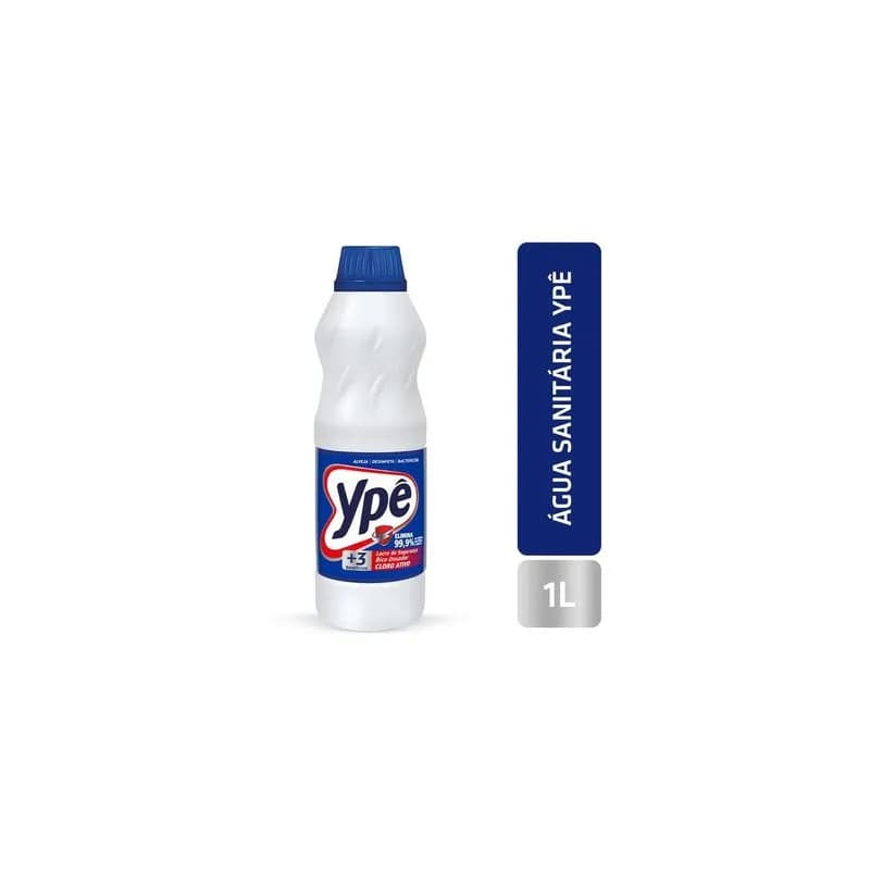 Água Sanitária Ypê 1 litro, garrafa branca com tampa azul, fundo branco