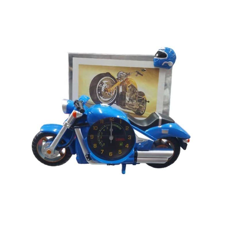 Relógio despertador de mesa modelo moto azul com porta retrato decorativo