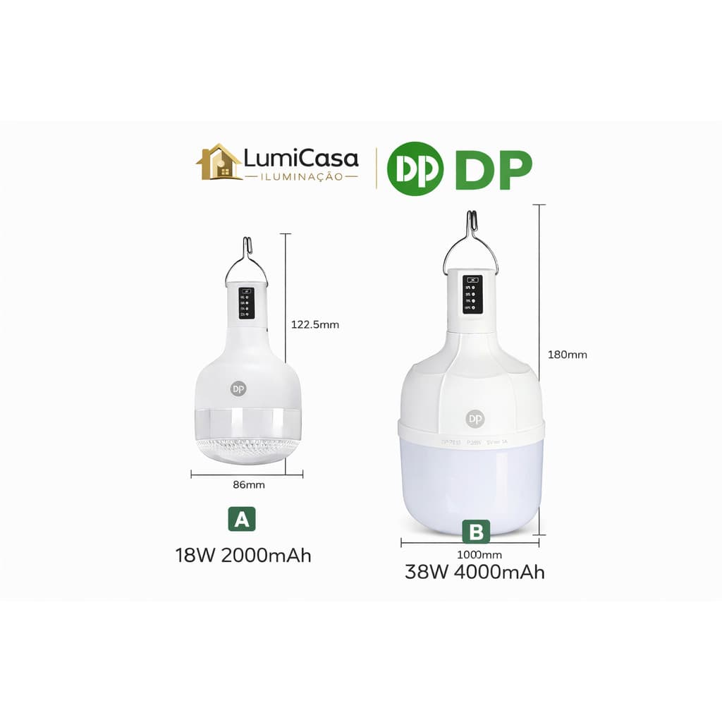 Lâmpada de Emergência Recarregável DP 18W / 38W LED com Bateria 2000mAh / 4000mAh Portátil