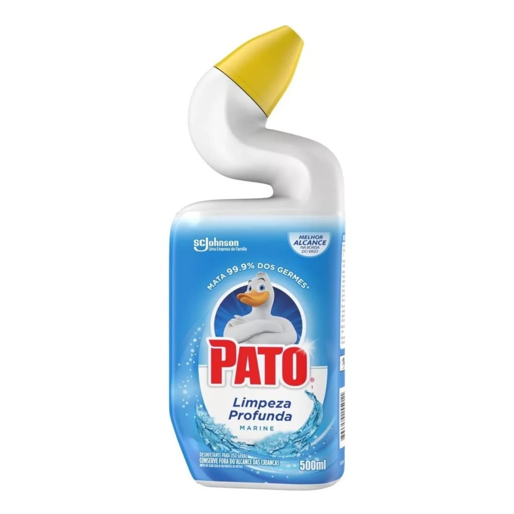 Desinfetante Pato Marine 500ml, frasco azul e branco com tampa amarela, eficácia contra germes.