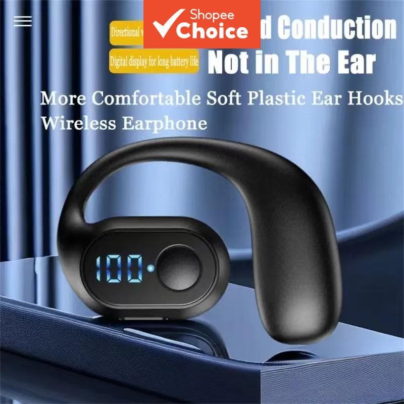 Fones de ouvido Bluetooth pretos sem fio com gancho de orelha, à prova d'água, com display digital