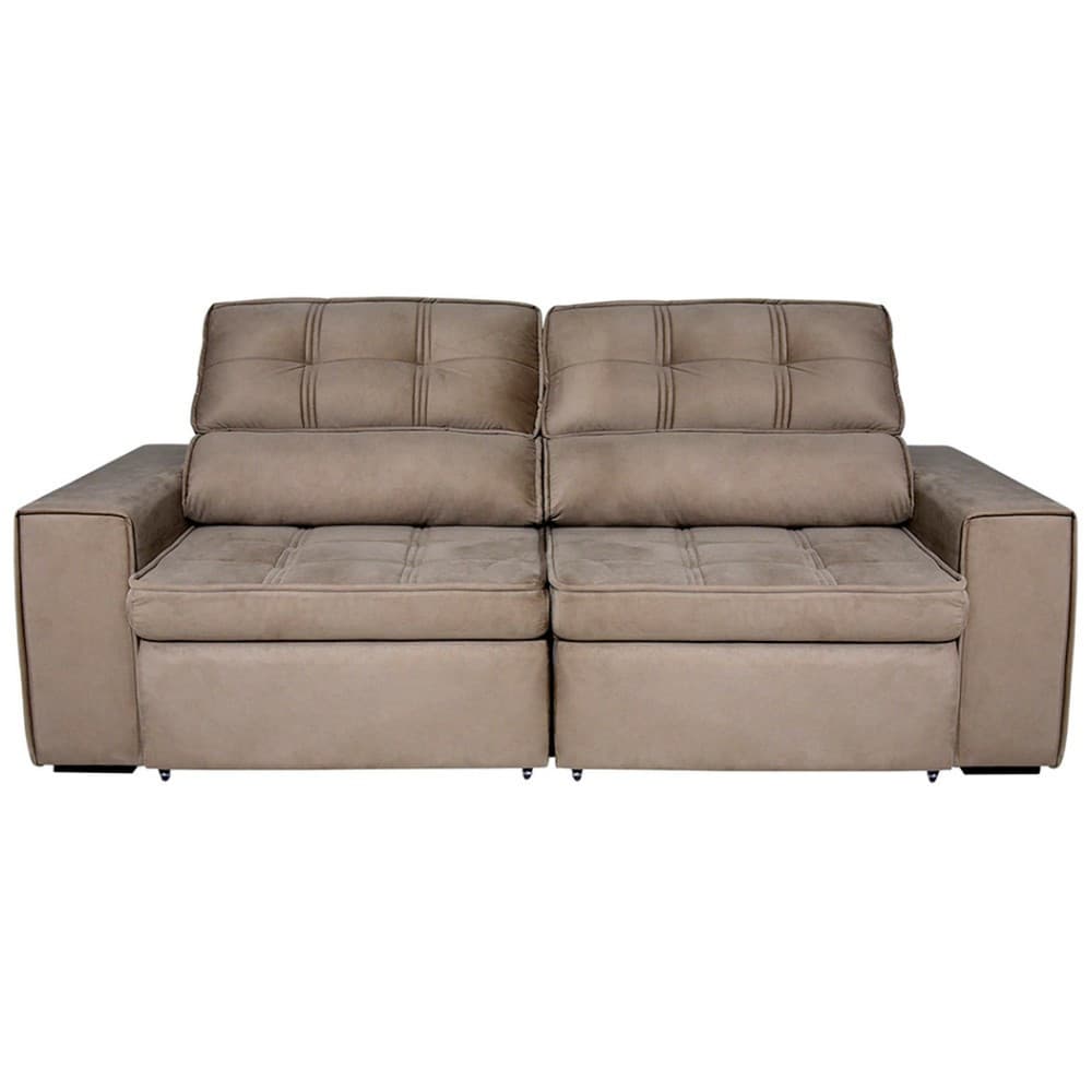 Sofá de 5 lugares reclinável em tecido veludo plush, cor bege, frontal