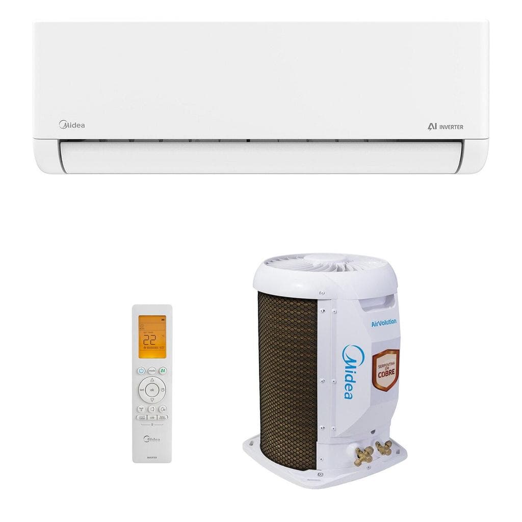 Ar-condicionado split inverter Midea branco com controle remoto e unidade externa
